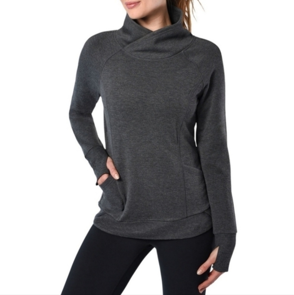 Yogalicious Relaxed Cross Neck Sweatshirt Grey Women's Small S Pockets Thumb EUC